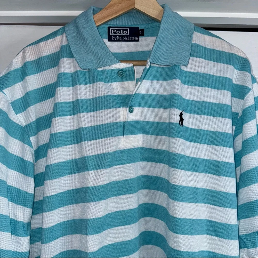 NWT Polo Ralph Lauren Polo Shirt Teal White Striped Pique Cotton XL Classic Fit